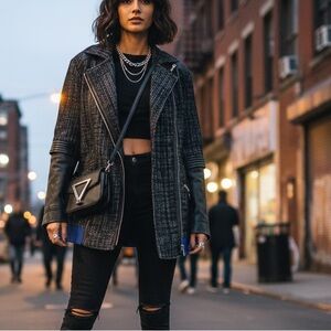 Parker tweed with leather full zipper jacket large size